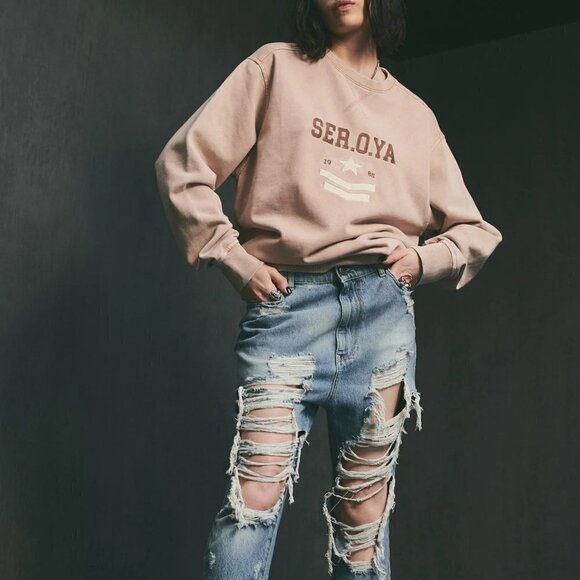 NWT SER.O.YA Issac Crew Neck Unisex Oversized Sweatshirt in Vintage Sand, Sz S - Picture 1 of 4